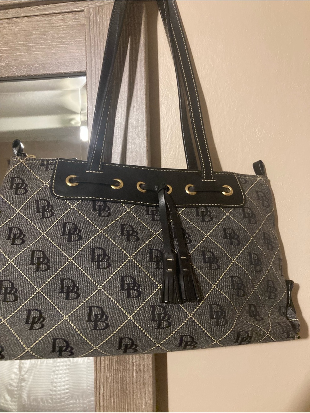 Dooney & Bourke Black and Gray Monogram Shoulder Tote with Tassels